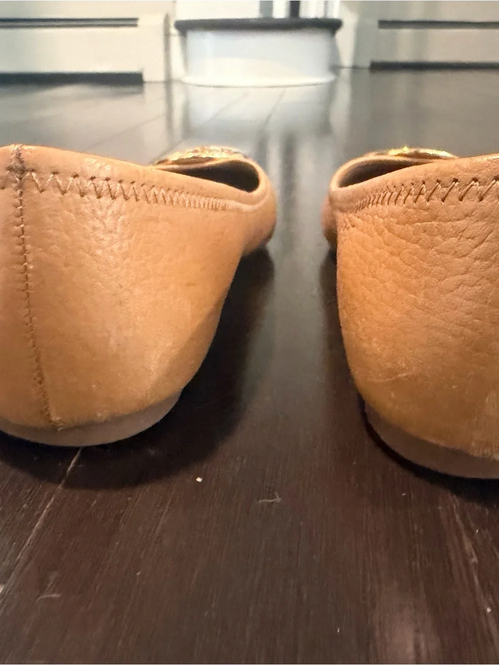Tory Burch Tan Leather Logo Ballet Flats with Gold Medallions